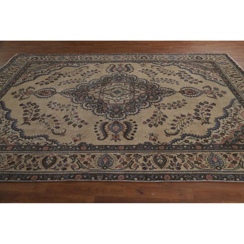 Tabriz Persian Vintage Rug Hand-Knotted Traditional Beige Wool Carpet - 7'8" x 11'2"
