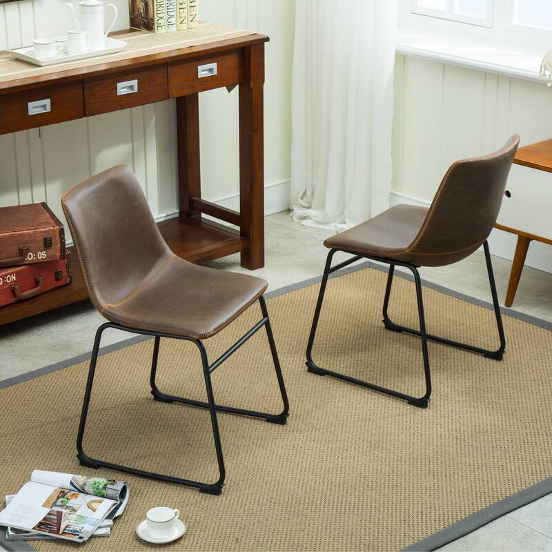 Vintage PU Leather Dining Chairs with Sleigh-Style Legs and Integrated Footstool, for Dining Rooms, Set of 2, White