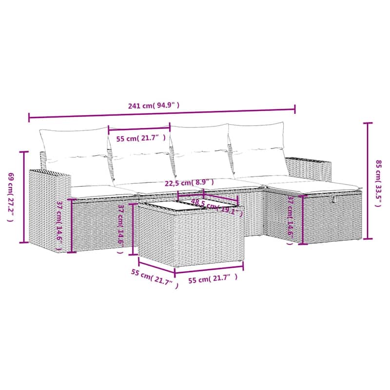 vidaXL Patio Sofa Set with Cushions Outdoor Conversation Furniture Poly Rattan - 21.7" x 24.4" x 27.2"