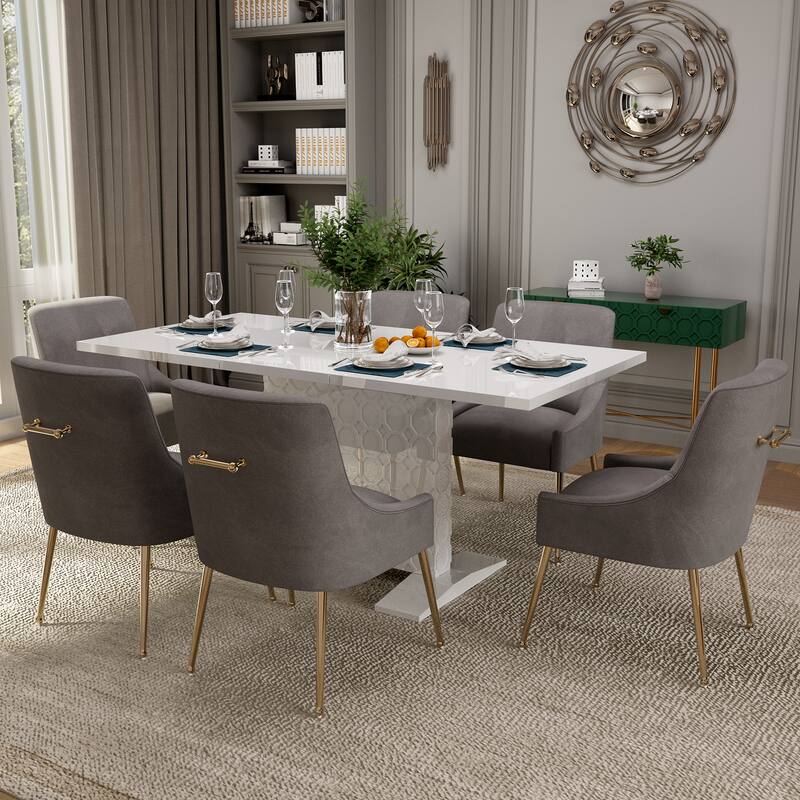 7-Piece Clihome High-gloss Extendable Table Velvet Chair Dining Set - Grey