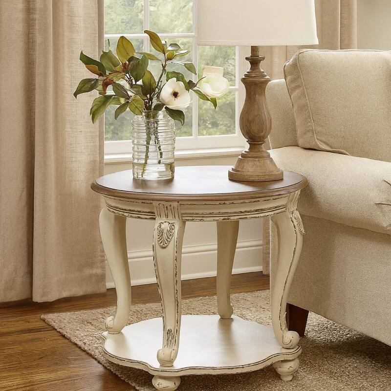 Round Wooden End Table with Open Bottom Shelf, Brown and Antique White