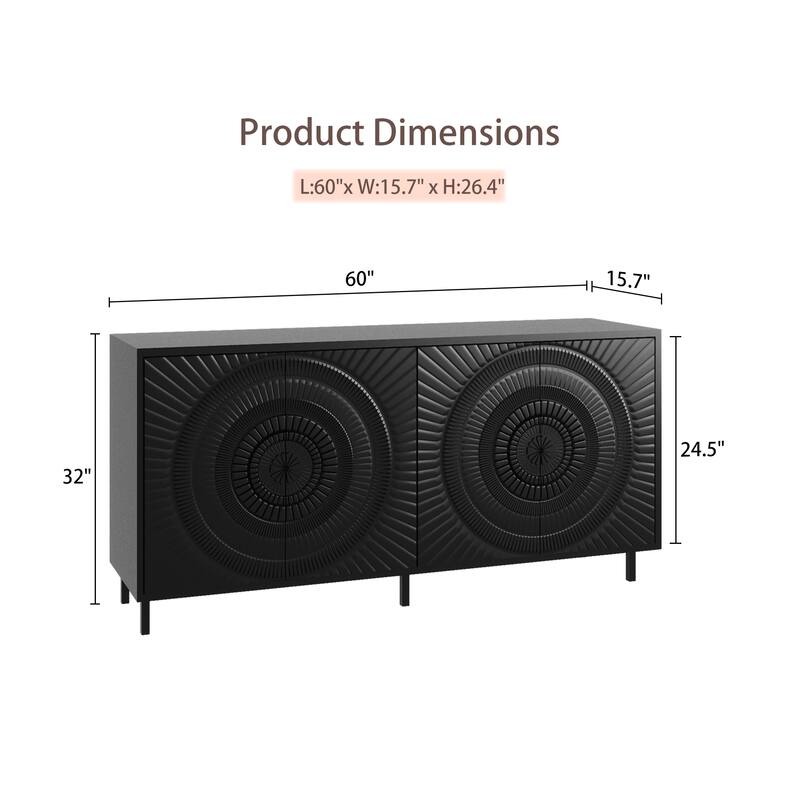 All-Black Modern Sideboard Buffet, 4 Doors Wood Storage Cabinet with Adjustable Shelves, Console Table for Living Room, Entrance