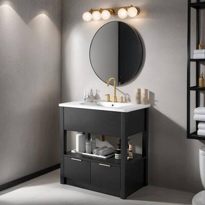 30" Bathroom Vanity with Sink Top, Bathroom Cabinet with Open Storage Shelf and Two No Handrails Drawers, Noble Black