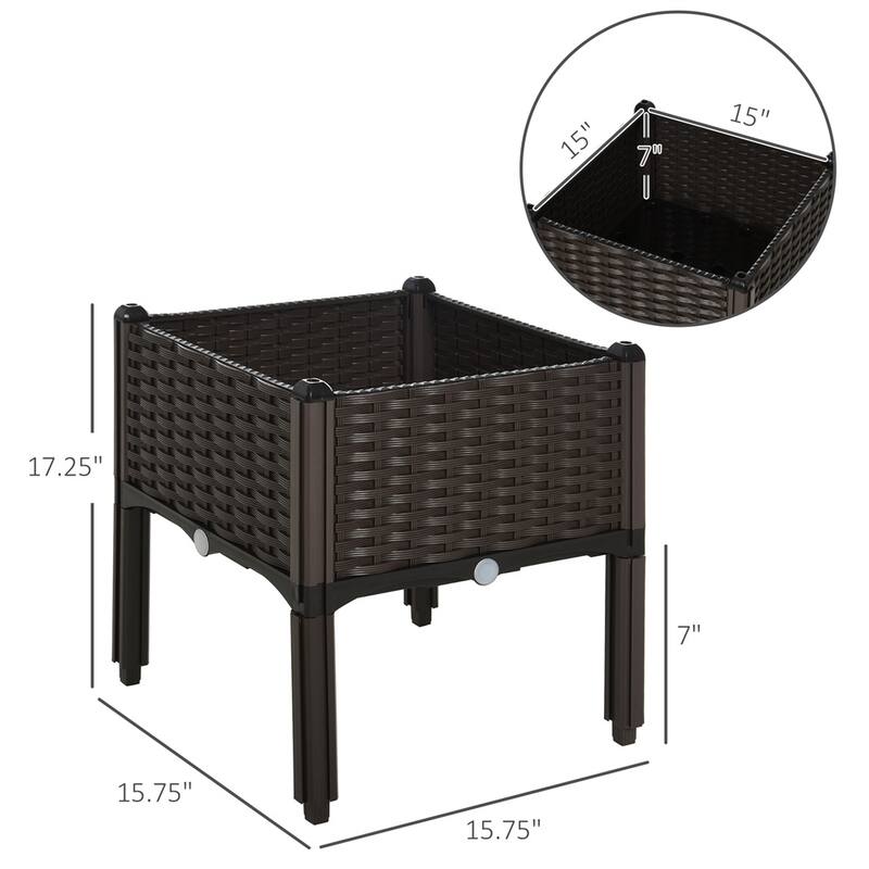 Brown Polypropylene Planter Box 16 Inch Elevated Garden Container Lightweight Water Resistant - 15.75" L x 15.75" W x 17.3" H
