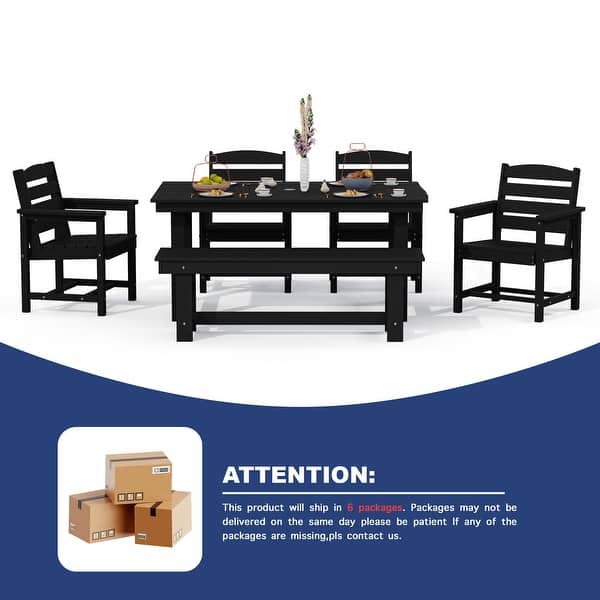 6-Piece HDPE Outdoor Dining Table Sets with Umbrella Hole - 1-Table 4-Chairs-1-Bench