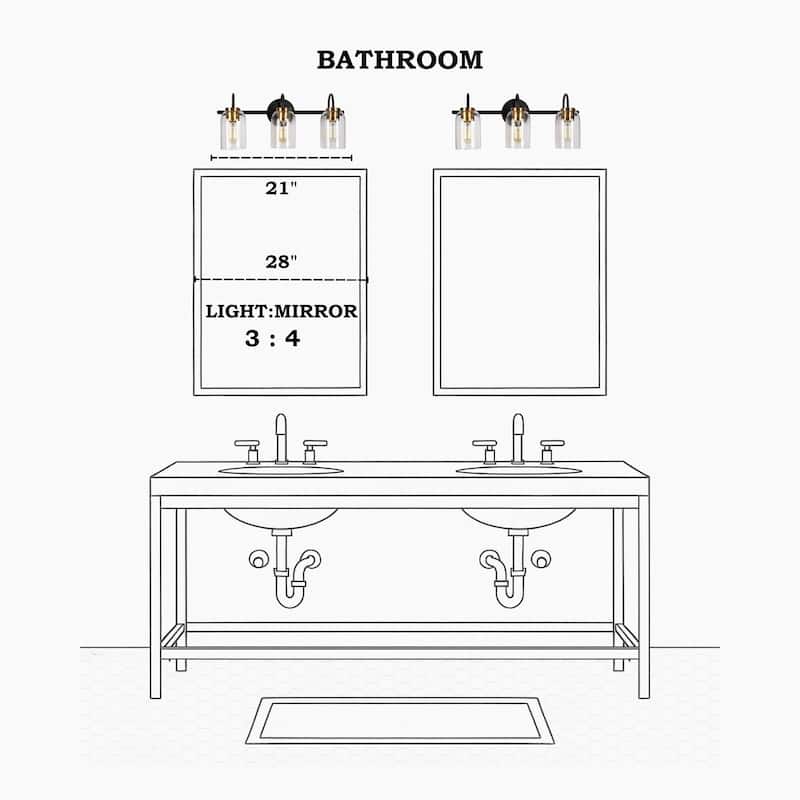 Modern Classic 3-Light Black Bathroom Vanity Light Fixture Gold Brass Wall Sconces with Cylinder Glass - 21" L x 6.5" W x 9" H