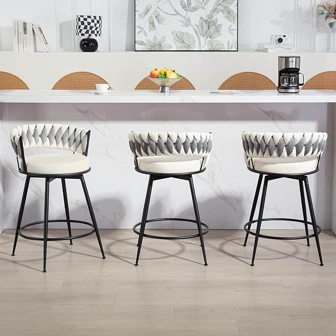 XINMICS 360° Swivel Bar Stools, 24 Inches Modern Counter Height Bar Stools with Woven Back, Upholstered Suede Tall Barstools