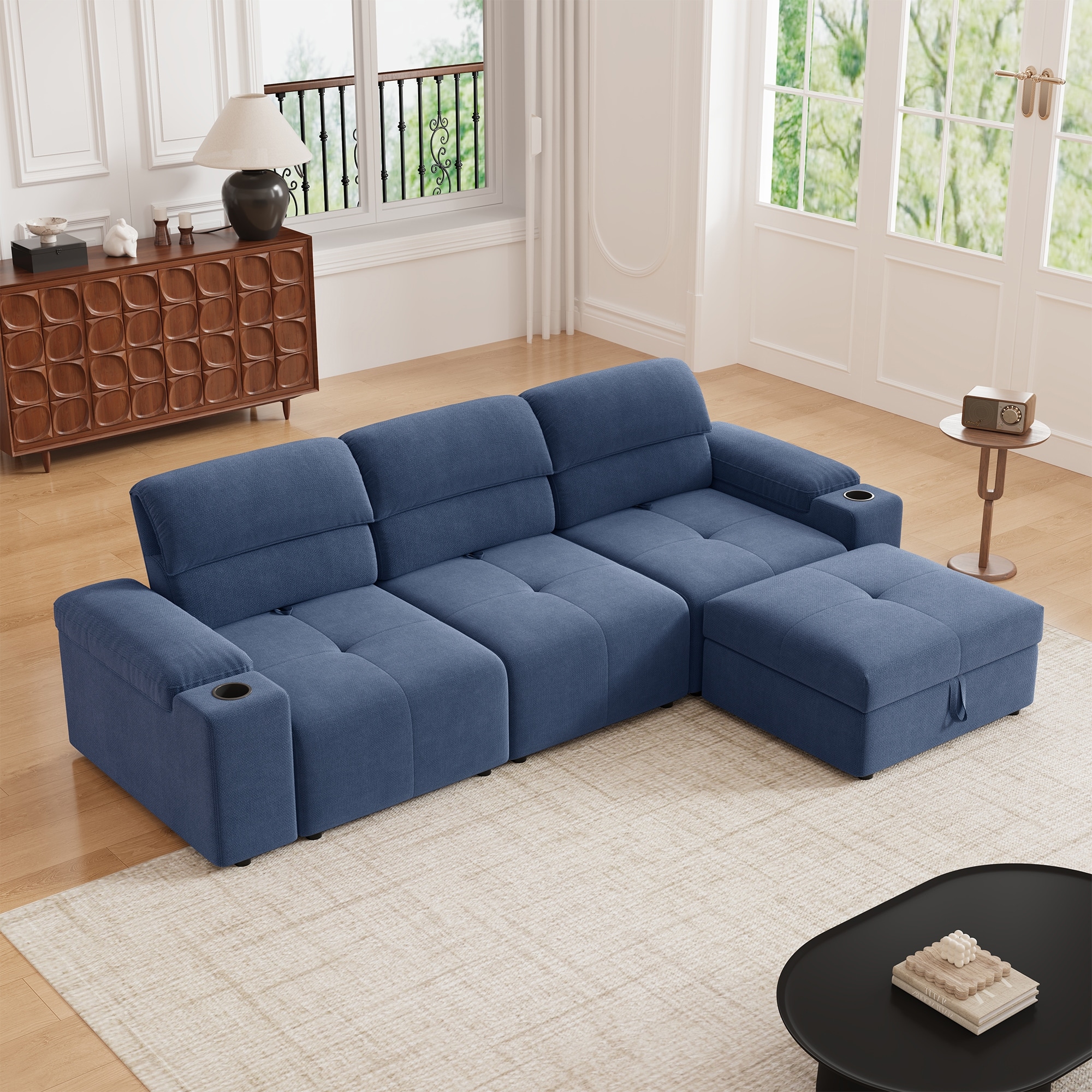 Down Filling Modular Deep Seat Couch L-shaped Sectional Sofa with Adjustable Backrest, Cup Holders, Storage Armrests and Ottoman