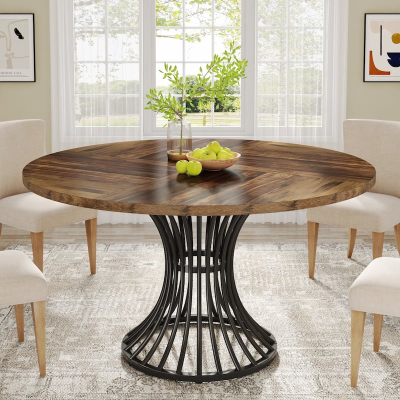 Round Dining Table for 4-6 People, 47-Inch Farmhouse Dinning Room Table Circle Kitchen Table - Rustic Brown
