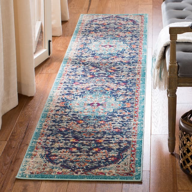 SAFAVIEH Madison Sabire Boho Medallion Distressed Rug - 2'2" x 6' Runner - Black/Teal