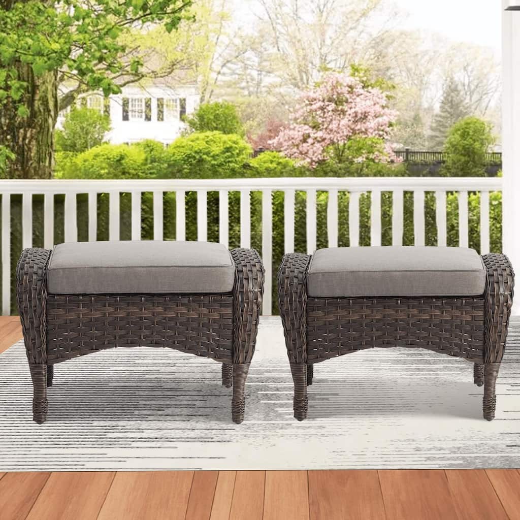Outside Patio Wicker Ottomans Set Brown - Grey