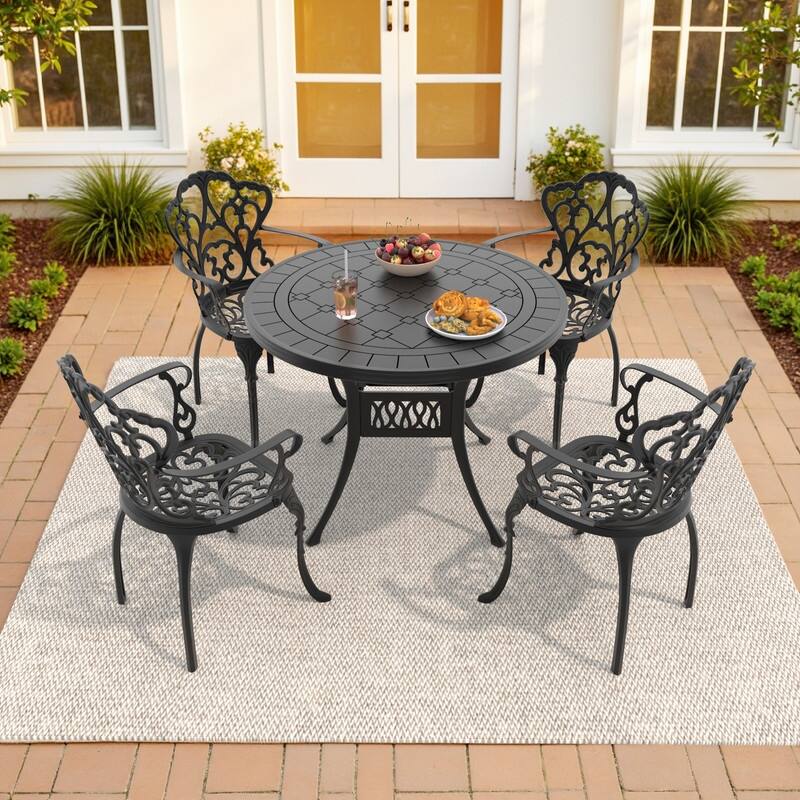 3/5 Piece Cast Aluminum Outdoor Dining Set with 39.37 in. Round Table and Seat Cushions