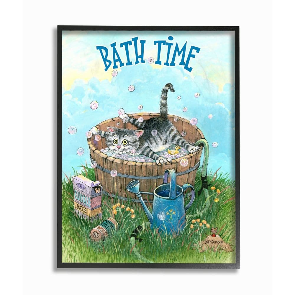 Stupell Bath Time Funny Cat Cartoon Pet Design Framed Wall Art
