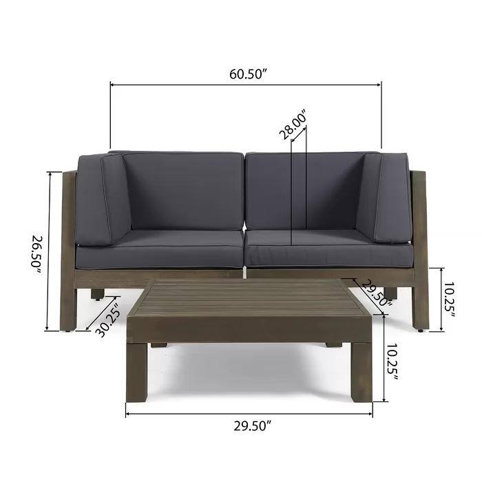 Roomfitters Outdoor 2-Seater Sectional Loveseat with Coffee Table, Wooden Patio Sofa Set with Cushions