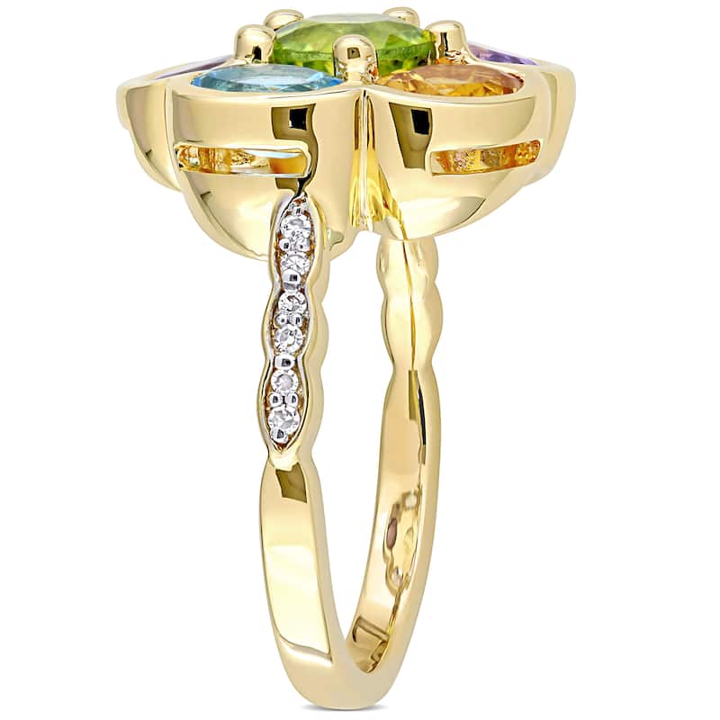 Multi-color Gemstone and Diamond Accent Composite Flower Ring in Yellow Plated Sterling Silver by Miadora