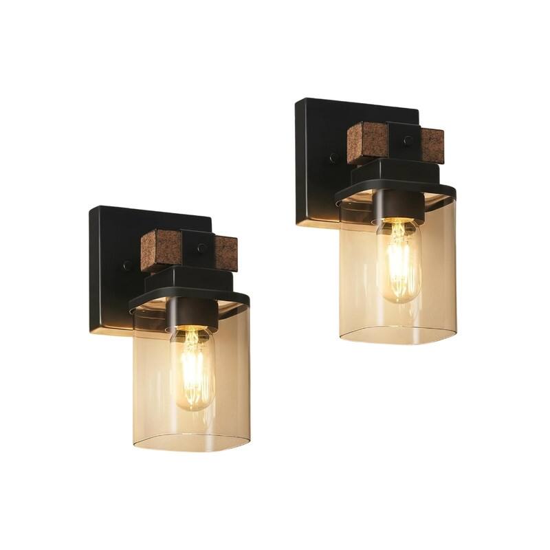 2 Pack bulb light rustic brown + black light fixture glass, metal wall light