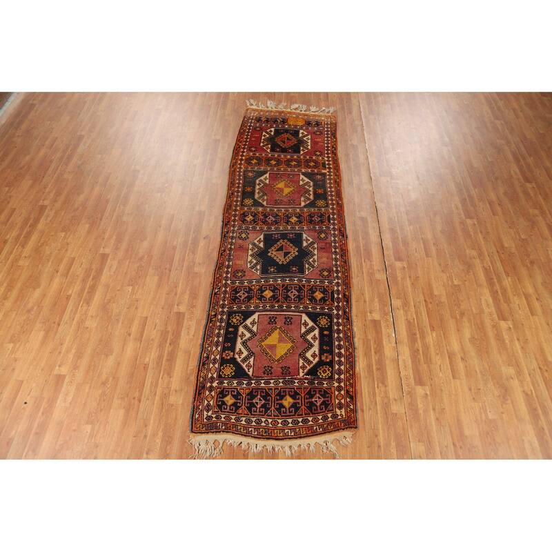 Tribal Anatolian Turkish Vintage Runner Rug Hand-Knotted Wool Carpet - 3'4"x 11'3"