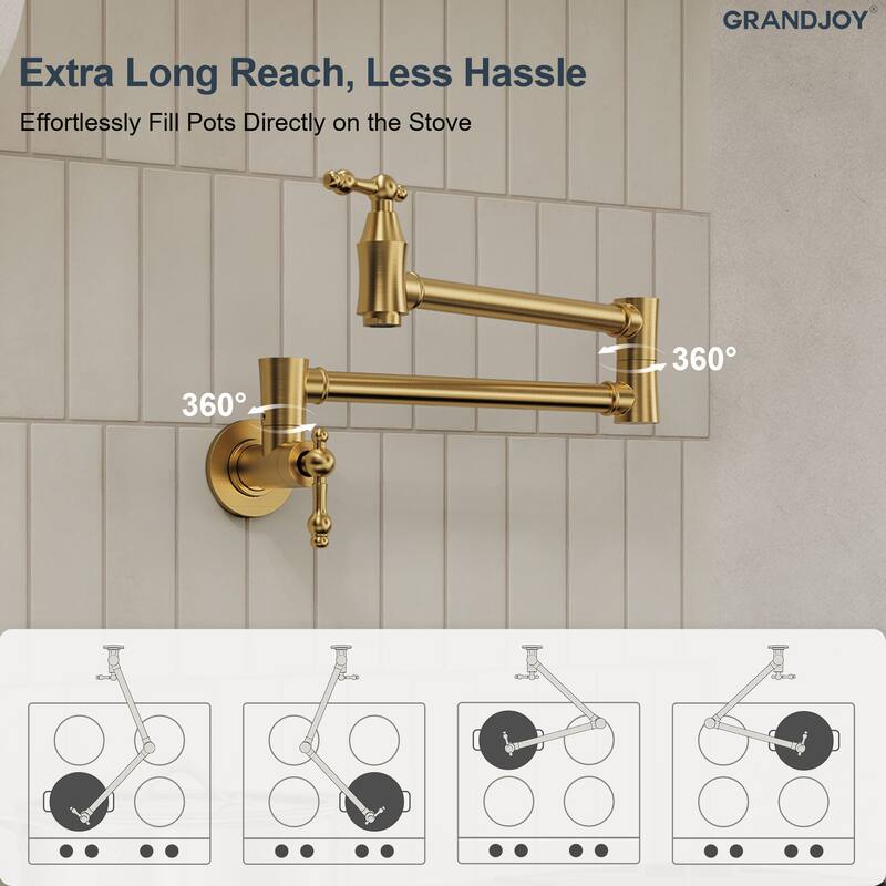 GRANDJOY Wall‑Mount Pot Filler Faucet with Dual Handle Control,High Flow Cold Water Faucet for Stove, Foldable Design