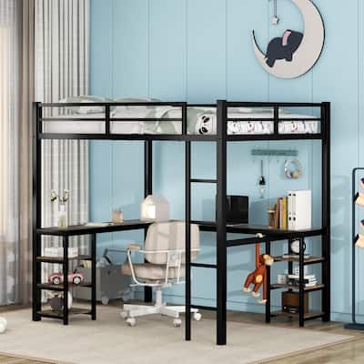 Full Size Loft Bed Metal Frame Bed with Wood Desk and Storage Shelves, Ladder, Full-Length Guardrail Top Bunk for Kids Teens