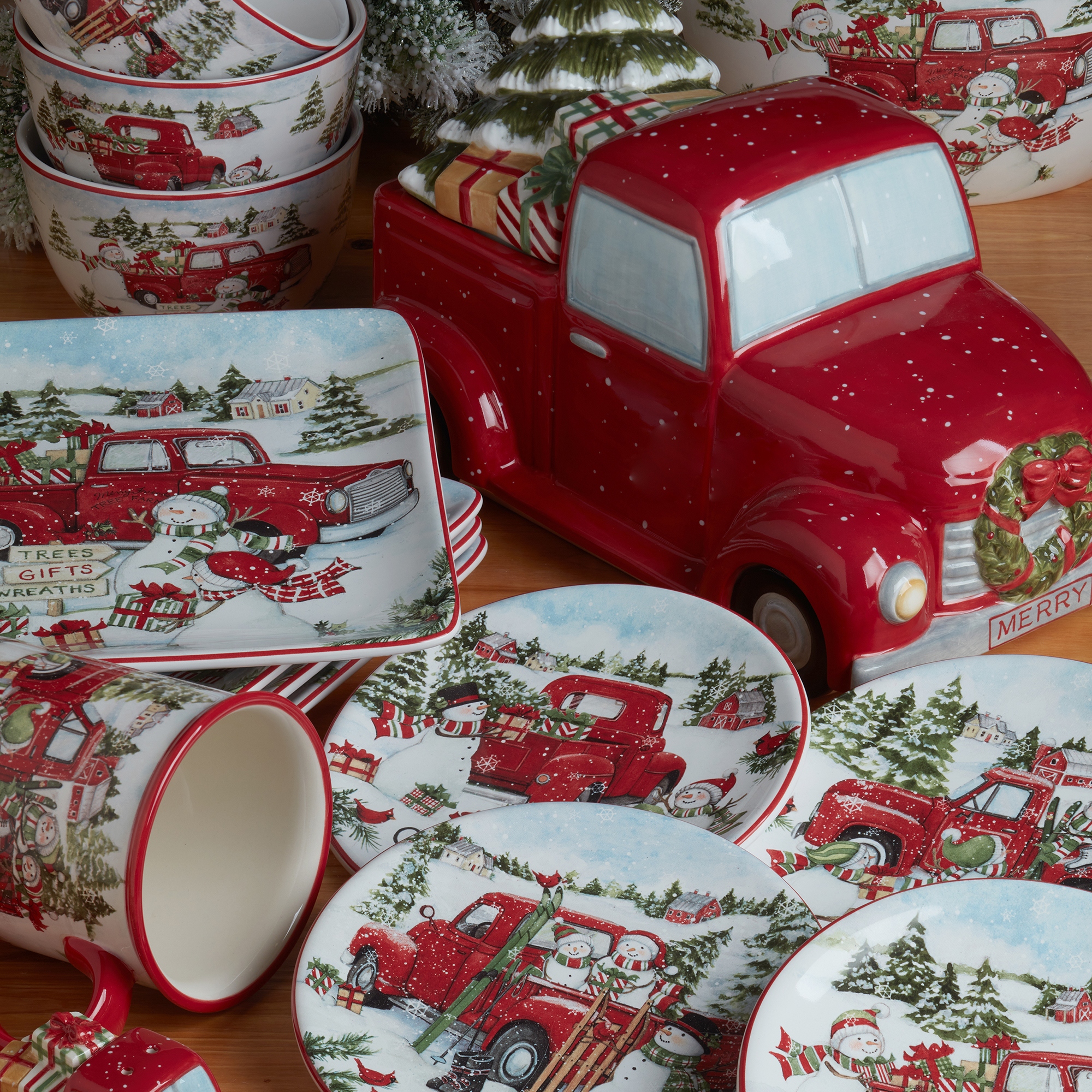 Certified International Red Truck Snowman 10.25 Dinner Plates Set of 4