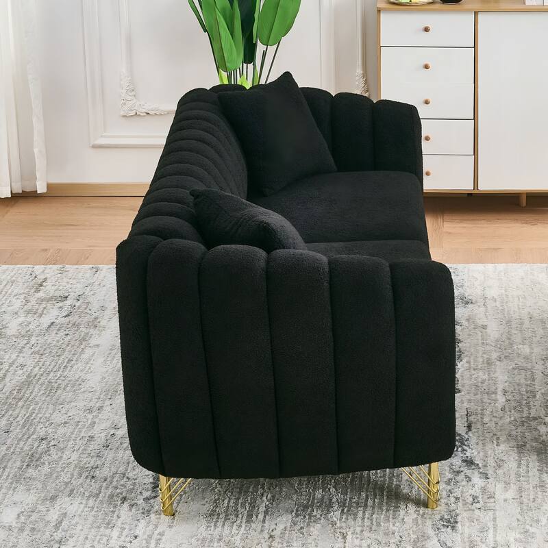 Oversized Chenille 3 Seater Sofa, Tufted Deep Seat Sofa with Curved Arms & 2 Throw Pillows, Upholstered Sofa with Metal Legs