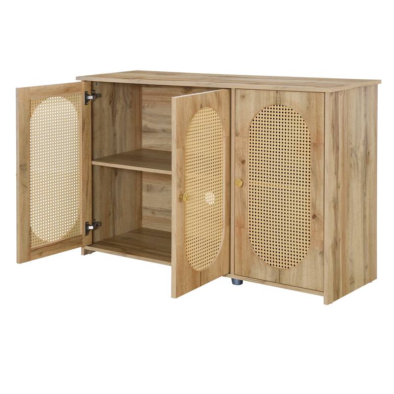 Sideboard with 3 Artificial Rattan Doors and Metal Handles - Natural