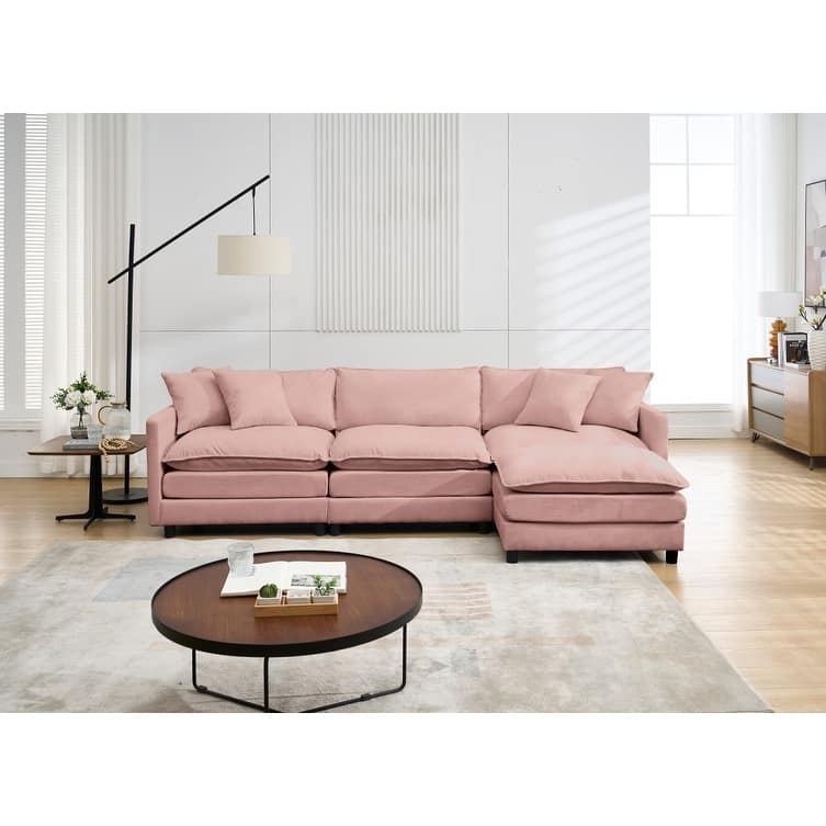 108" L-Shaped Chenille Sectional Sofa with Movable Ottoman - Pink