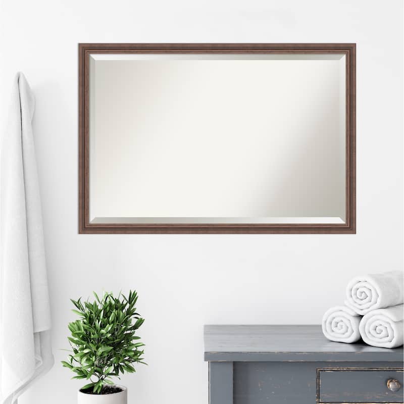 Beveled Wood Bathroom Wall Mirror - Distressed Rustic Brown Frame - Distressed Rustic Brown