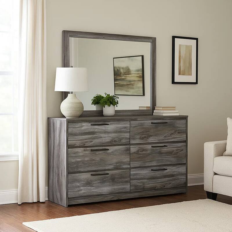 Bays 62 Inch Dresser, 6 Drawers, Modern Farmhouse Laminate Smoky Gray