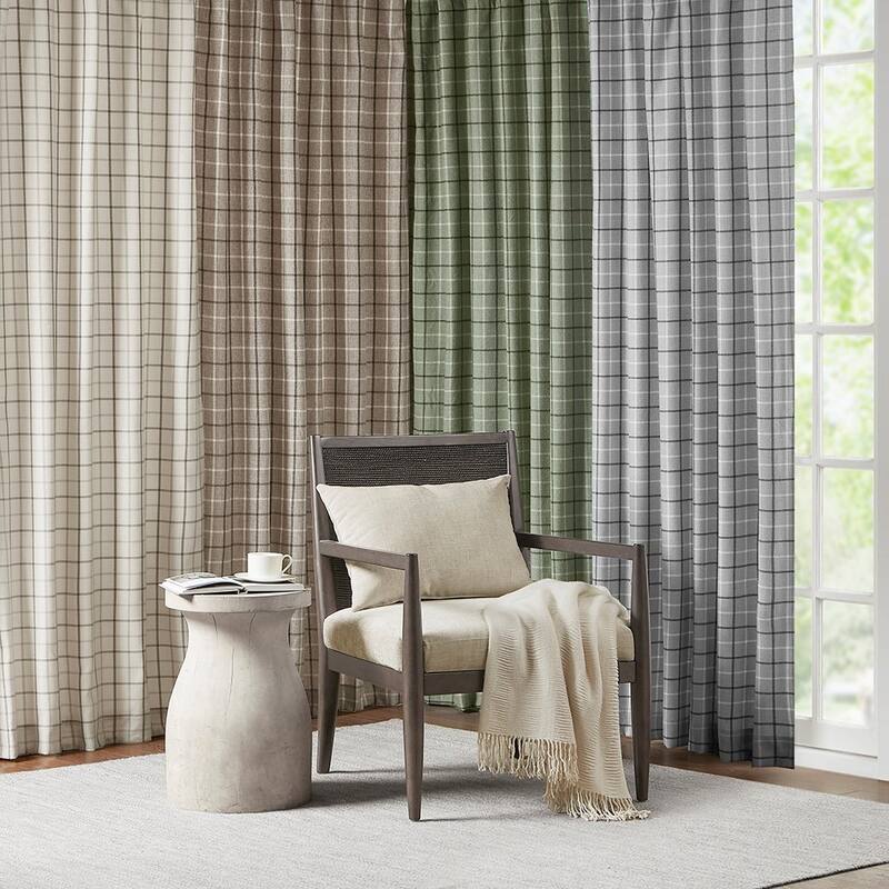Plaid Faux Leather Tab Top Curtain Panel with Fleece Lining(Only 1 Pc Panel) - Beige