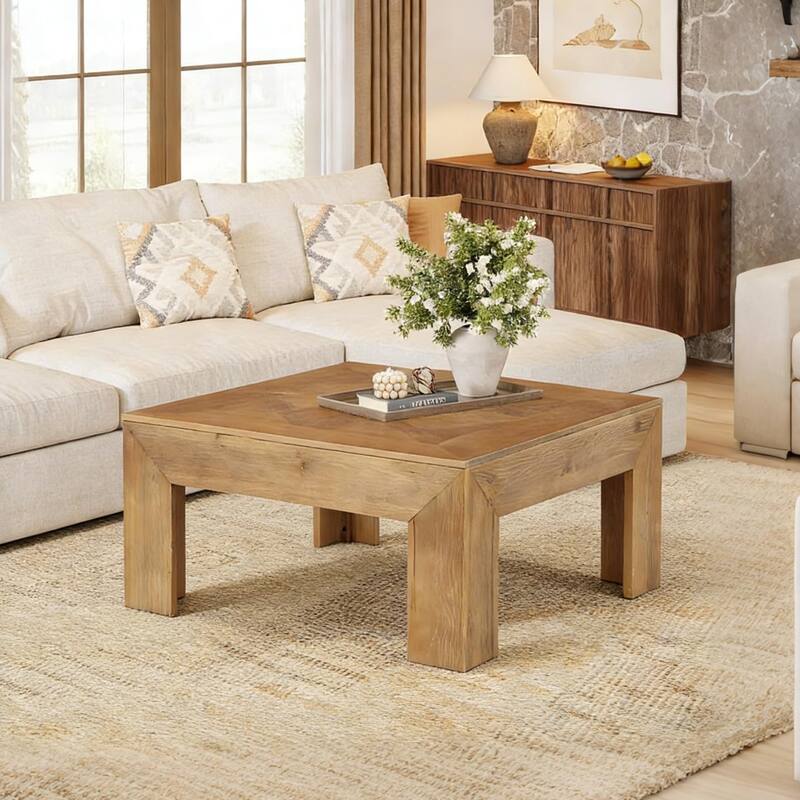 39" Square Solid Wood Coffee Table with Intricate Inlaid Top & Sturdy Legs, Rustic Center Tables for Living Room