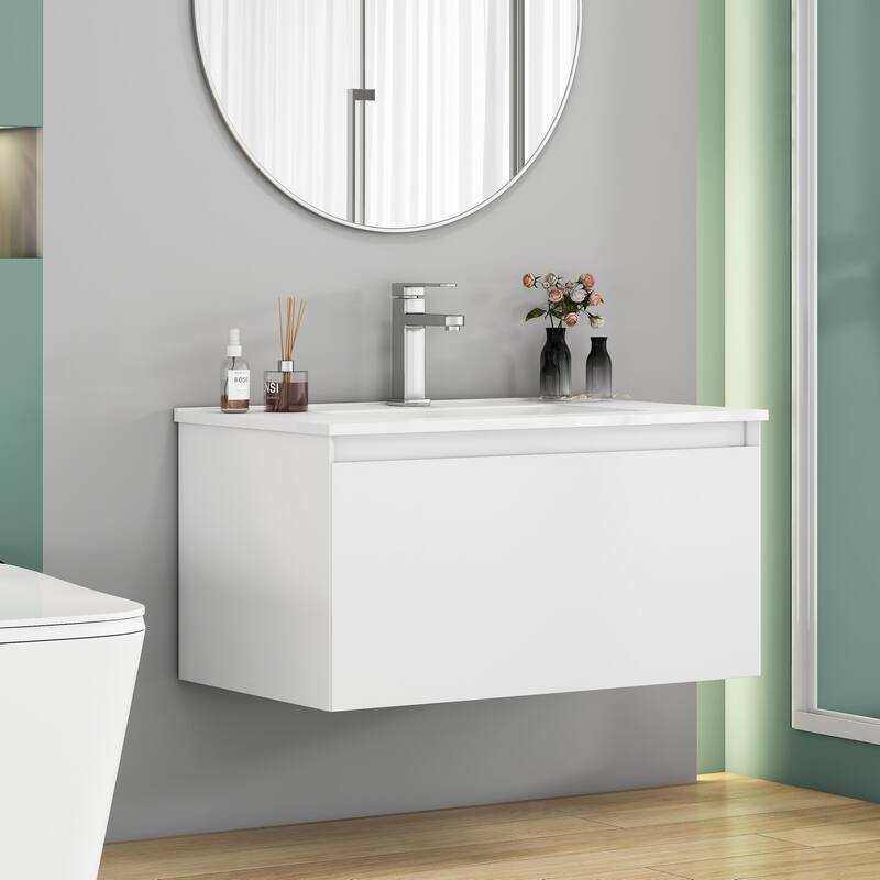 Wall-Mounted Bathroom Vanity, Floating Single Drawer Cabinet, 32 Inch Integrated Ceramic Sink