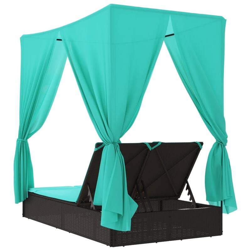 vidaXL Double Sun Lounger with Roof and Curtains Brown/Gray/Black Poly Rattan - 78.7" x 44.9" x 77.2"