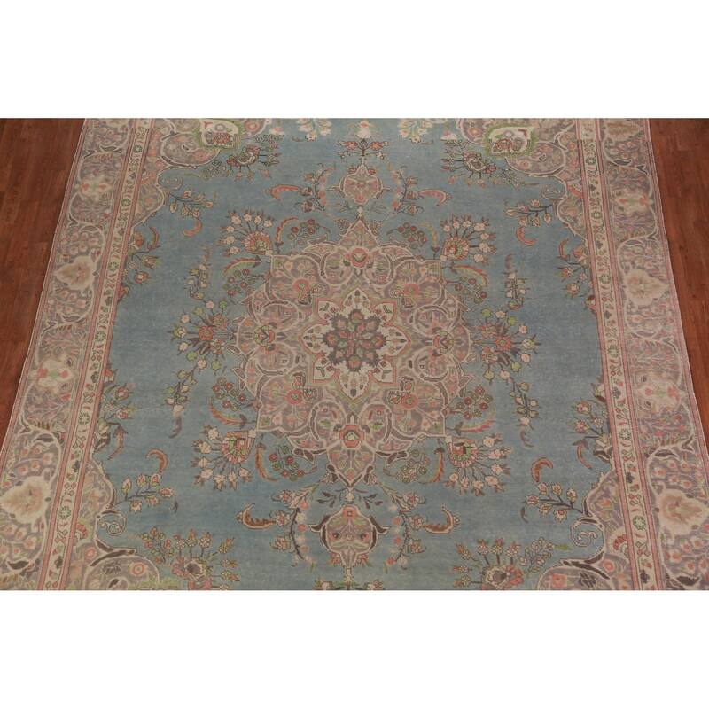 Light Blue Medallion Tabriz Persian Vintage Rug Handmade Wool Carpet - 9'2" x 12'5"
