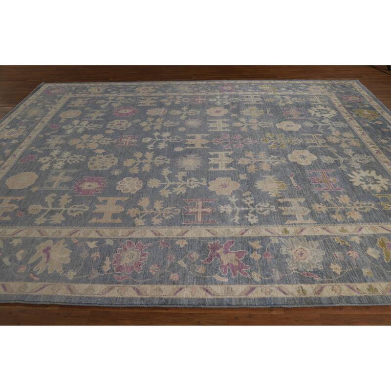 Hand Knotted Oriental 100% Wool Carpet Transitional All-Over Navy Blue & Blues Oushak Area Rug - 11' 11'' X 9' 3''