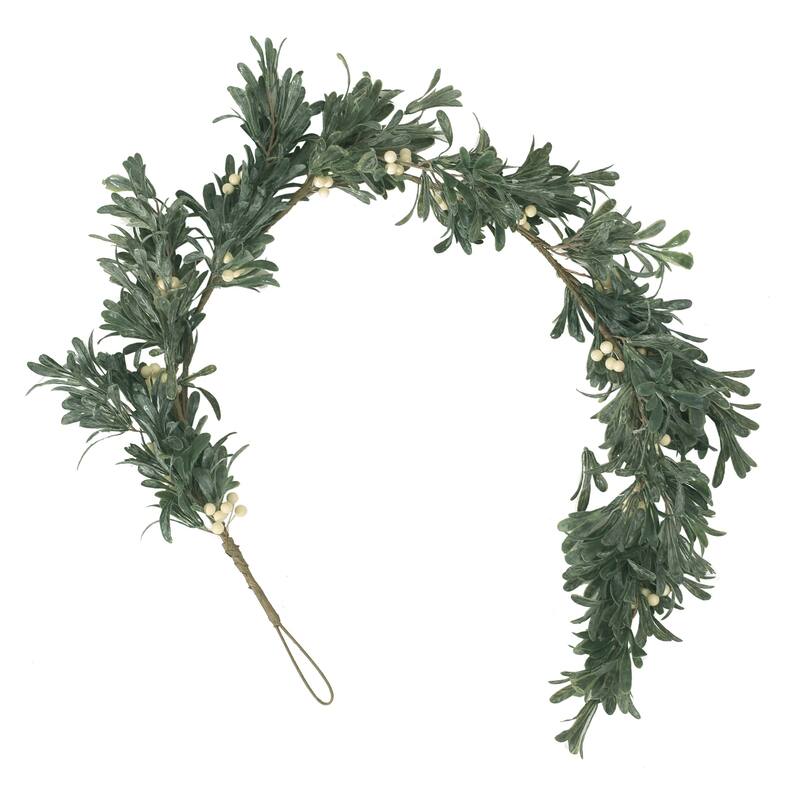 Decorative Garland, White Snowberries w Frosted Green Leaves 55 Inch