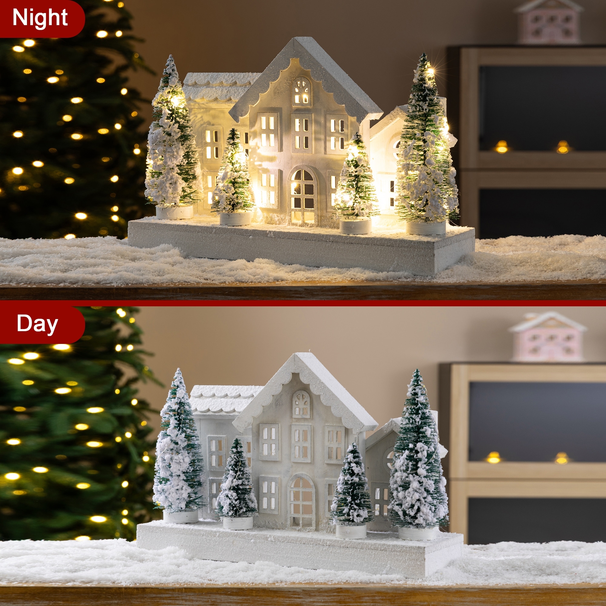 Glitzhome Lighted Christmas Wooden Snowed Villages Table Decor with Timer
