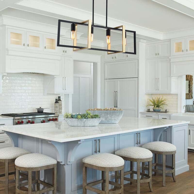 Modern 4-Light Matte Black and Gold Kitchen Island Linear Chandelier for Dining Room - 35.5-in L x 10.2-in W x 10.2-in H