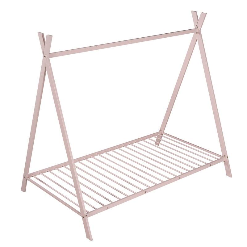 Twin Size Metal Floor Play Tent Bed House Bed with Slat for Kids