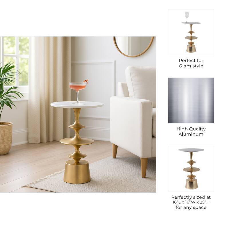 Accent Side Table with Polished Marble Top and Curved Base - 25"