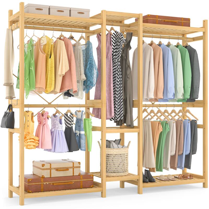 Bamboo Closet System Clothes Rack, Large Freestanding Garment Rack Clothing Rack for Hanging Clothes