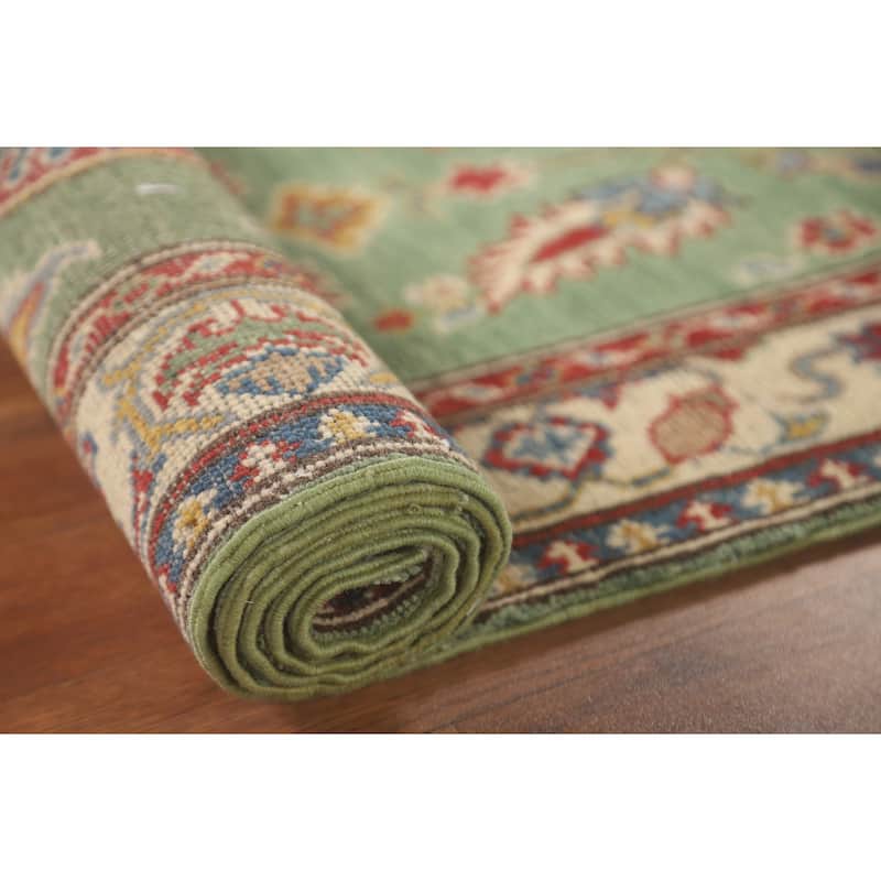 Floral Kazak Runner Rug Handmade Green Wool Carpet - 2'2" x 5'11"