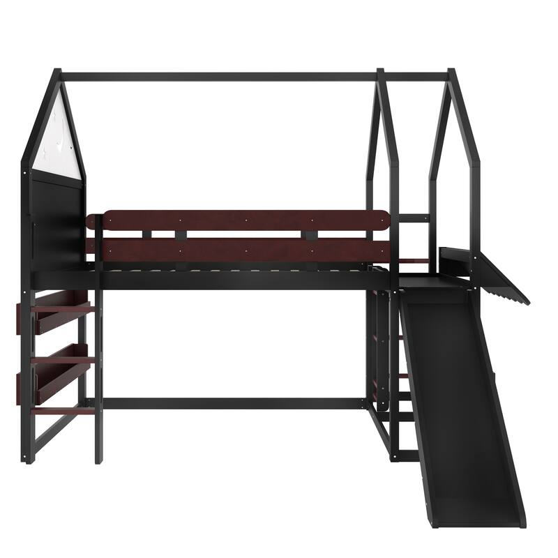 Twin Loft Bed with Slide, Bookshelf & House-Shaped Design for Kids