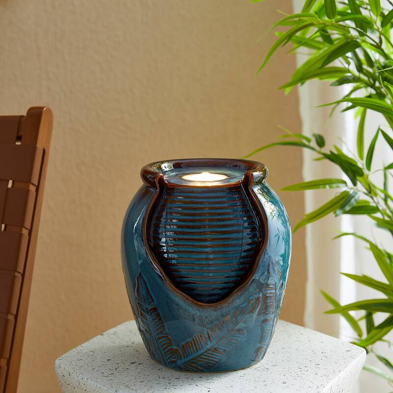 Glitzhome 9"H Leaf Textured Ceramic Jar Indoor Tabletop Water Fountain with LED Lights