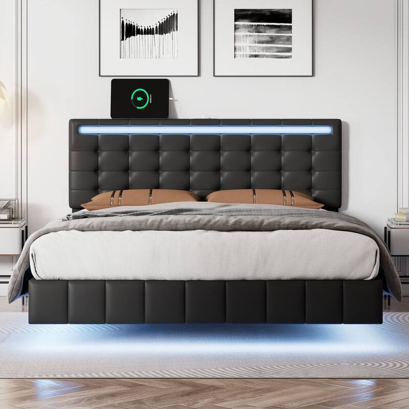 Full Size Floating Platform Bed with LED Lights and USB Charging - Black