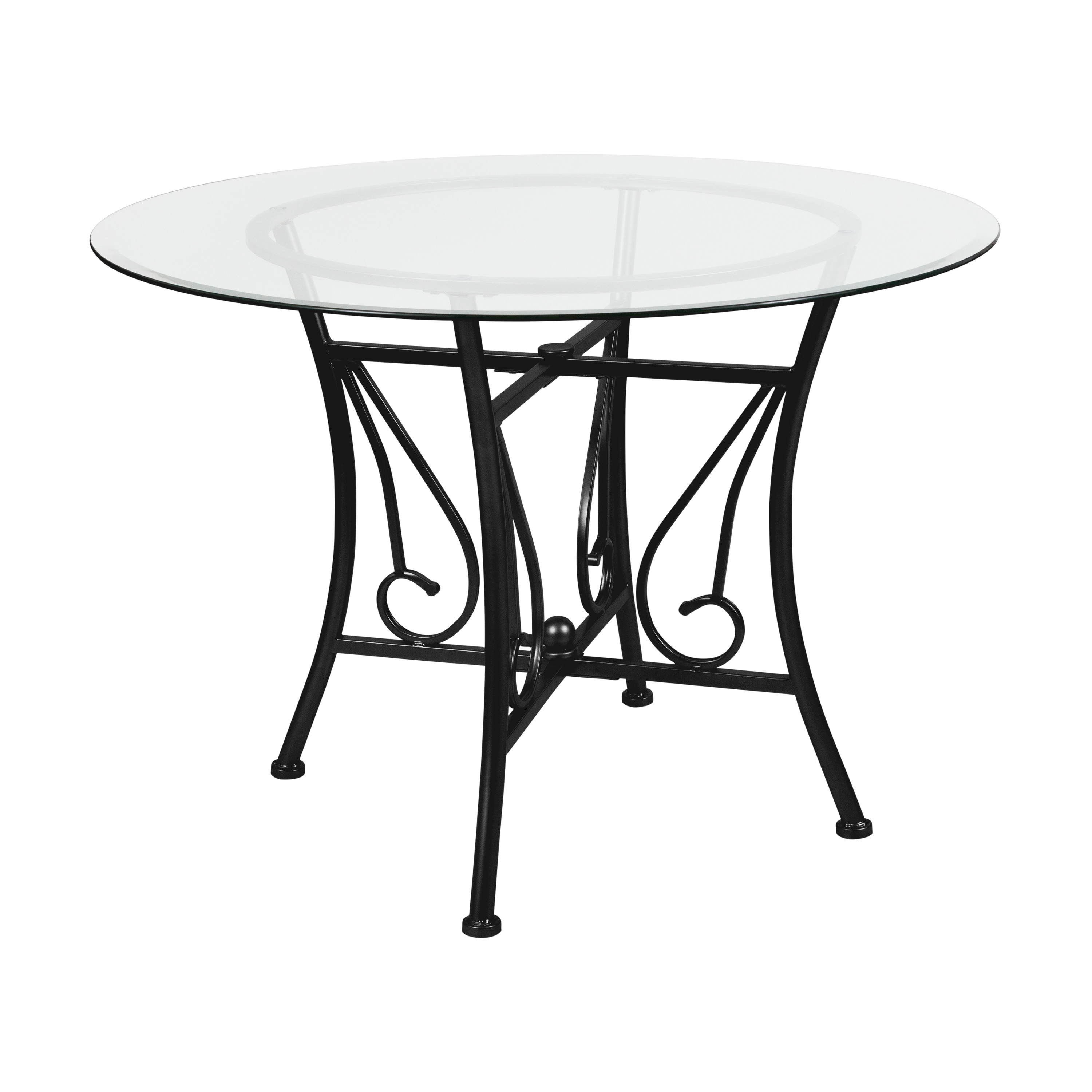 42'' Round Glass Dining Table with Curl Accent Matte Metal Frame - 42"W x 42"D x 29"H - 42"W x 42"D x 29"H