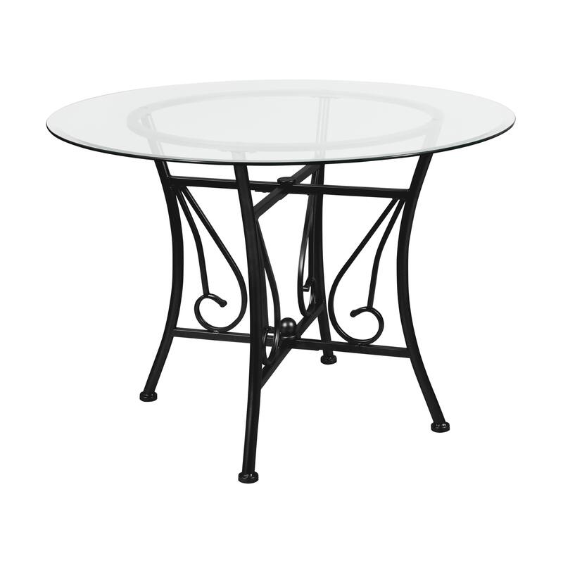 42'' Round Glass Dining Table with Curl Accent Matte Metal Frame - 42"W x 42"D x 29"H - 42"W x 42"D x 29"H - Clear Top/Black Frame