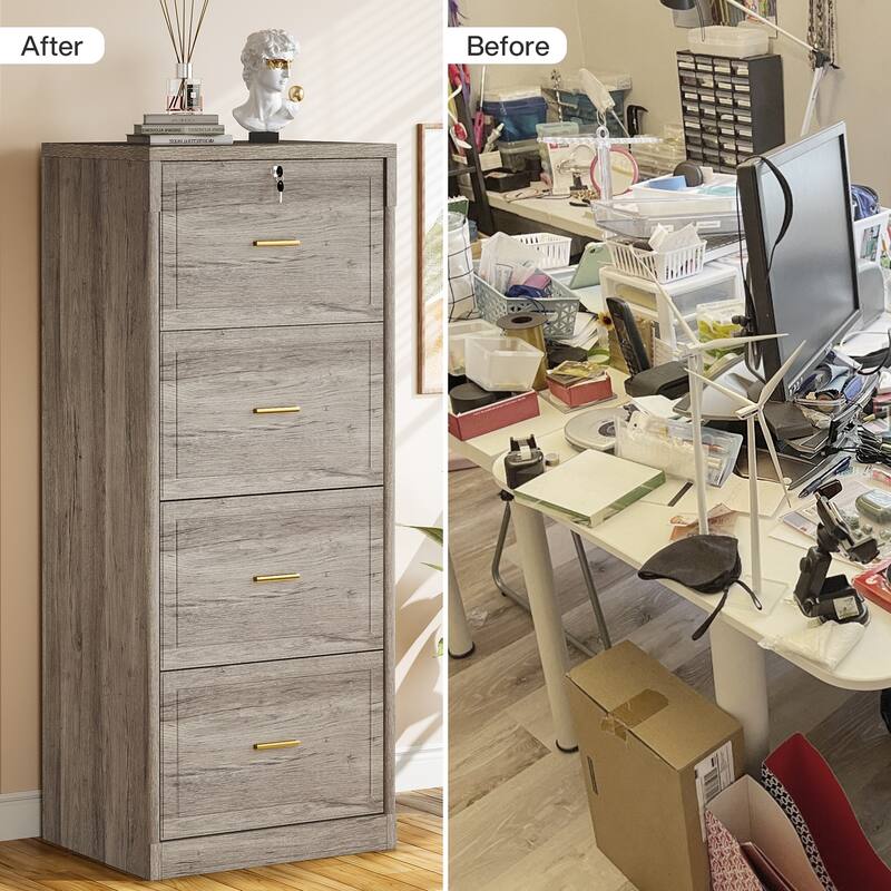 4-Drawer File Cabinet with Lock and Key, Vertical Wooden Filling Cabinet for A4/Letter/Legal Size Files