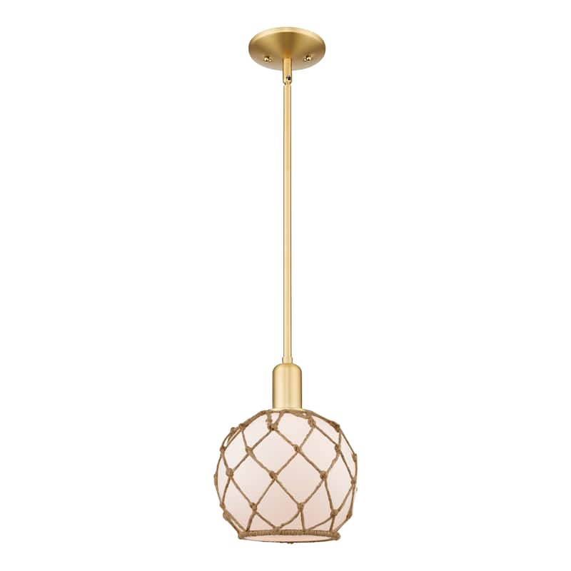 Innovations Lighting Endless Possibilities Arcadia - Farmhouse Rope - 1 Light 8" Stem Hung Mini Pendant - White Glass with Brown Rope/Satin Gold
