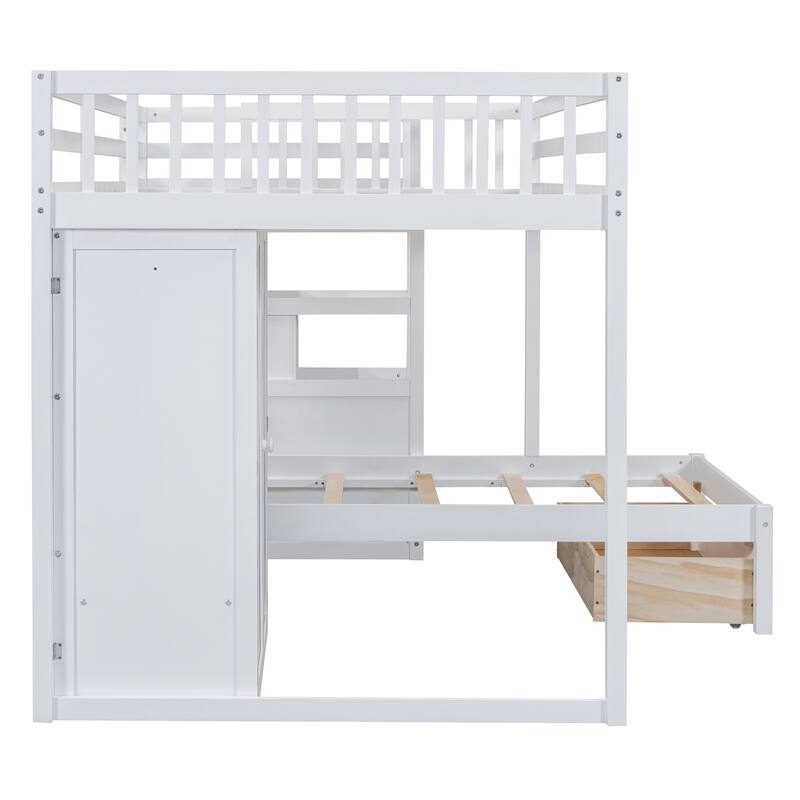 Full Over Twin Bunk Bed Children's Storage Bed Frame with Wardrobe, L Shaped Wood Stairway Bunk Bed Frame with Drawers